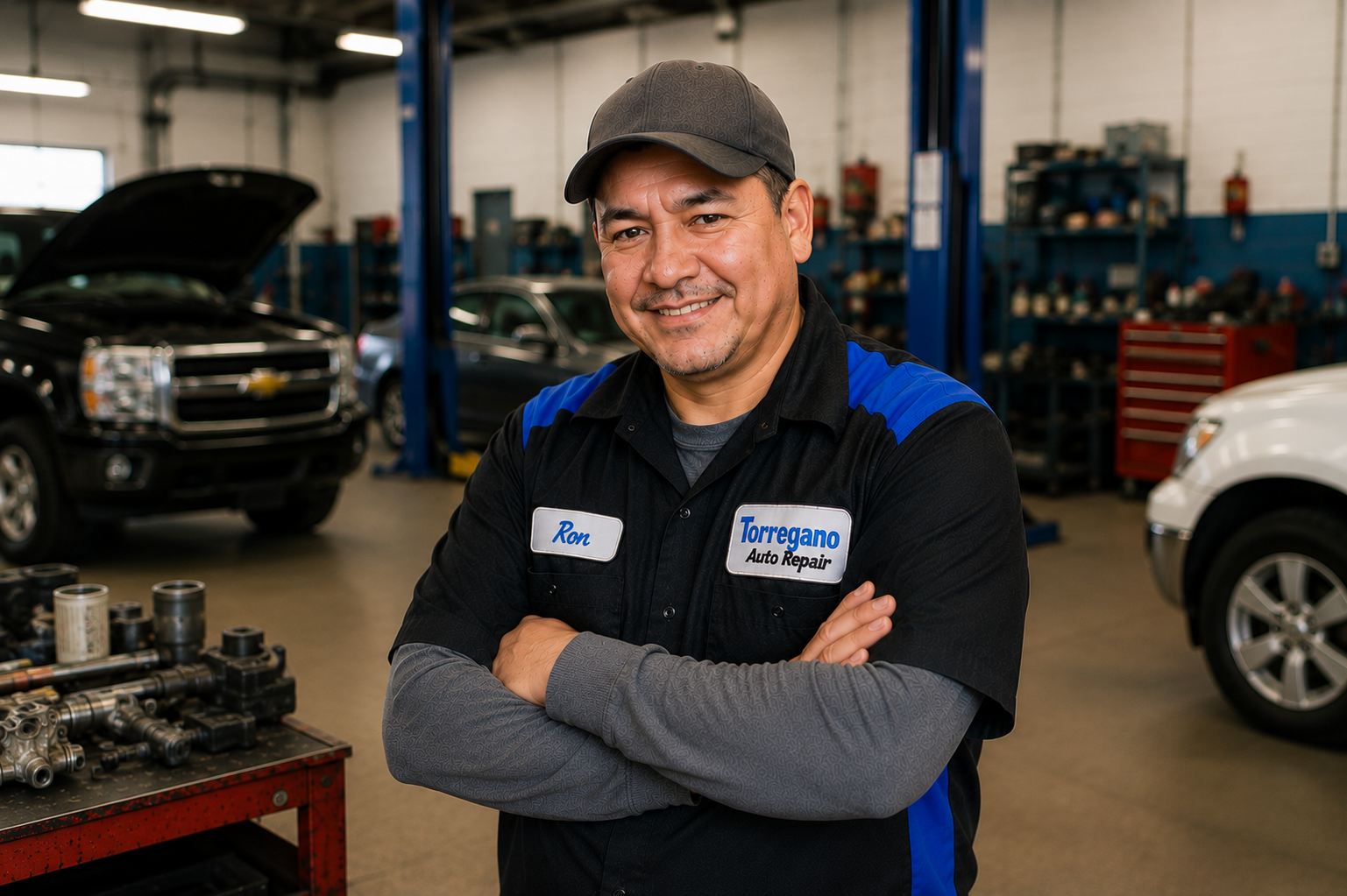 Ron from Torregano Auto Repair standing inside automotive repair shop